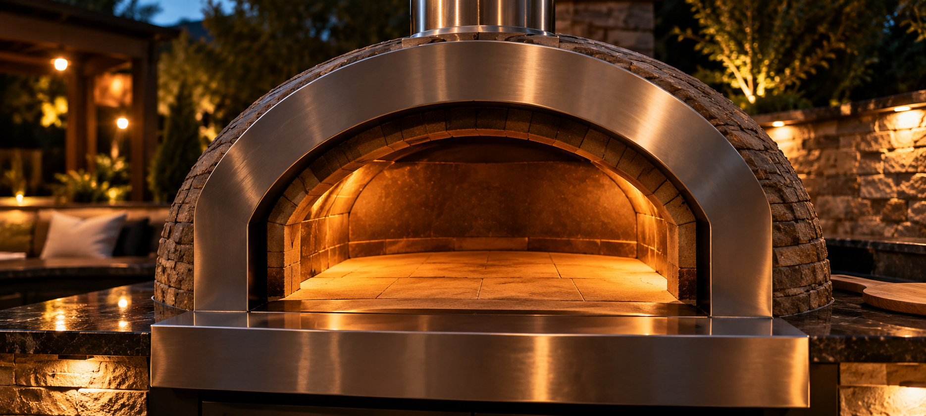 Clean wood-fired backyard pizza oven glowing at dusk